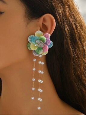 Multicolor Floral Pearl Drop Earrings